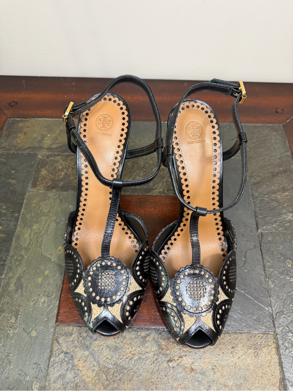 Tory Burch Black and Beige Studded T-Strap Heels Alexa 106mm